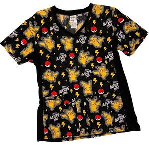 Cherokee Tooniforms Pokemon Pikachu Women's V-Neck Print Scrub Top Size Small